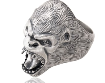 Solid Sterling Silver Gorilla Head Ring, Aged Finish