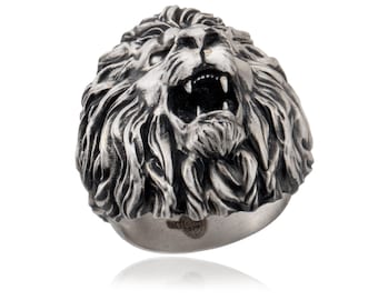 Sterling Silver Lion Ring, Oxidized Animal Jewelry, Men's Statement Ring Gift For Fathers Day