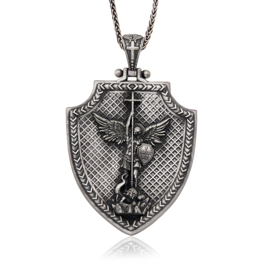 Sterling Silver Saint Michael Shield Necklace, Archangel Religious