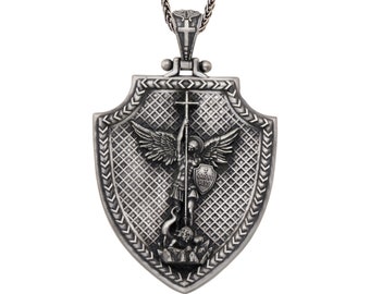 Silver Saint Michael Necklace, Archangel Michael Protects Us Necklace, Unisex Religious Jewelry, Birthday Gifts, Birthday Gift For Father&#39;s
