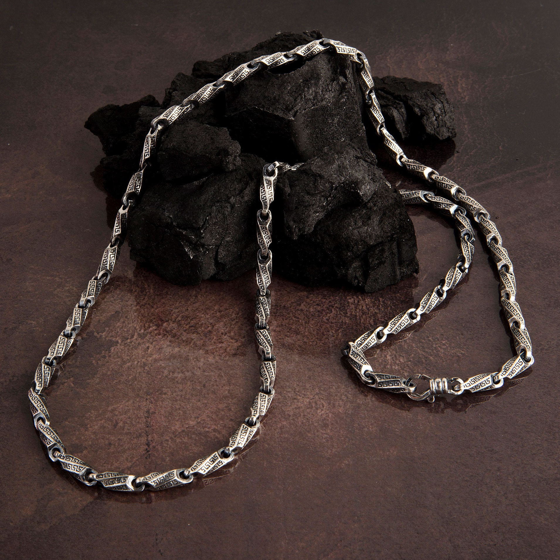 Silver Byzantine Chains, Handmade Engraved Chain Necklace, Chunky Chain Necklace For Men's, Gift For Father's, Birthday Gift For Father's