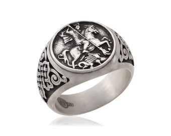 Saint George and Dragon Sterling Silver Signet Ring, Religious Jewelry Gift For Fathers Day