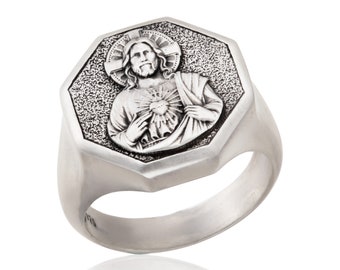 Jesus With Sacred Heart Silver Men Ring, Savior Messiah Ring, Religious Christian Jewelry For Man, Cross Ring, Gift For Fathers Day