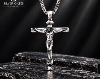 Sterling Silver Cross Necklace For Men, Crucifix Pendant, Religious Jewelry, Gift For Him