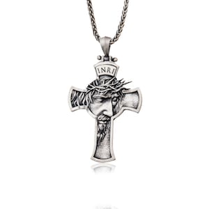 Sterling Silver Cross Necklace For Men, Jesus Crucifix Pendant, Birthday Gift For Boyfriend, Religious Jewelry, Birthday Gift For Father&#39;s