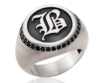 Men's Statement Silver Rings, Black Diamond Wedding Engagement Man Ring, Personalized Letter Initial Men Ring,