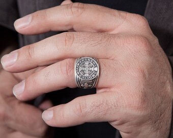 Bague Ajustable Homme Femme Bague Saint Benoît Argent 925 Réglable - Crucifix Jésus Christ - Bijou Religieux Homme Femme Croix Chretienne Homme