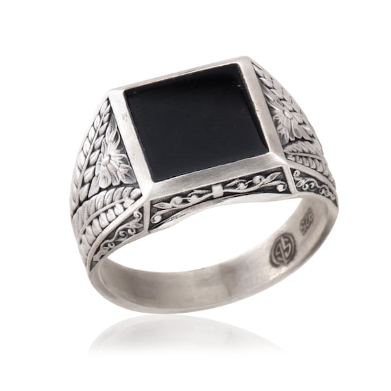 Square Black Onyx Signet Ring, Engraved Sterling Silver Gift for