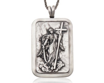 Saint Michael Necklaces, Religious Gift For Men, Archangel Saint Michael Silver Medallion, Guardian Of Church,