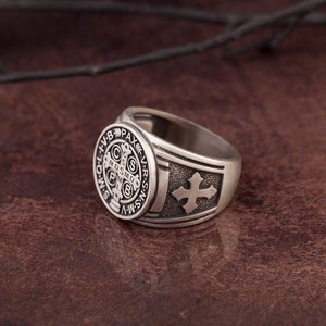 St Benedict Medal Cross Ring, Silver Signet Man Ring, Men's Religious ...
