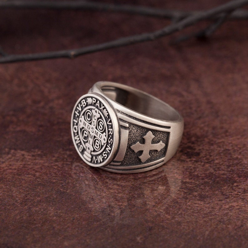 St Benedict Medal Cross Ring Silver Signet Man Ring - Etsy