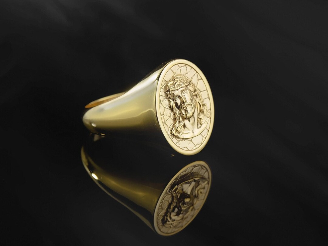 18K Gold Relief Jesus Christ Rings, 14K Gold Savior Crowned Messiah ...