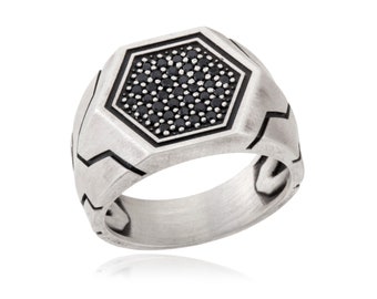 Modern Diamond Signet Men Ring, Black Diamond Rings, Silver Man Rings, Unique Wedding Engagement Ring For Men, Best Gifts For Father's Day