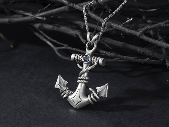 Silver anchor necklace mens deals