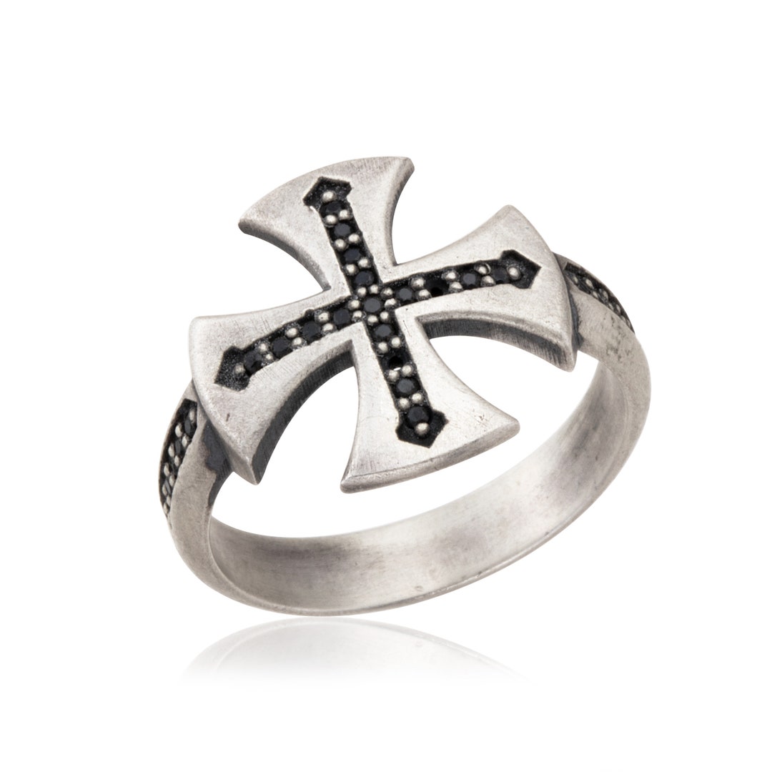 Silver Cross Men Ring Crucifix Rings Templar Cross Etsy
