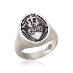 Silver Sacred Heart Man Ring, Crucifix Statement Rings, Men&#39;s Religious Jewelry, Birthday Gifts For Husbands, Birthday Gift For Father&#39;s