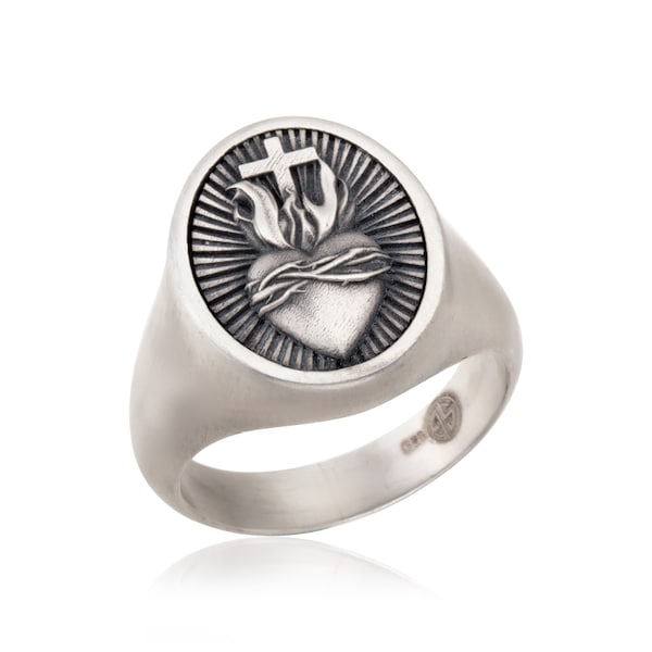 Silver Sacred Heart Man Ring, Crucifix Statement Rings, Men's Religious Jewelry, Birthday Gifts For Husbands, Gift For Fathers Day
