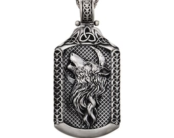 Sterling Silver Wolf Head Necklace, Engraved Pendant Gift For Fathers Day