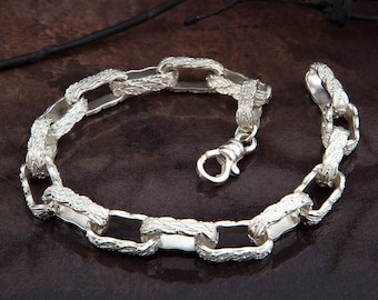 Sterling Silver Chunky Chain Bracelet, Byzantine Chain, Solid Silver Handmade Engraved Bracelet, Gift For Men, Gift For Fathers Day