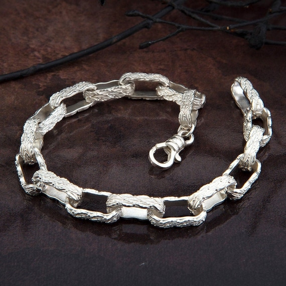 Sterling Silver Chunky Chain Bracelet, Byzantine Chain, Solid Silver Handmade Engraved Bracelet, Gift For Men, Birthday Gift For Father's