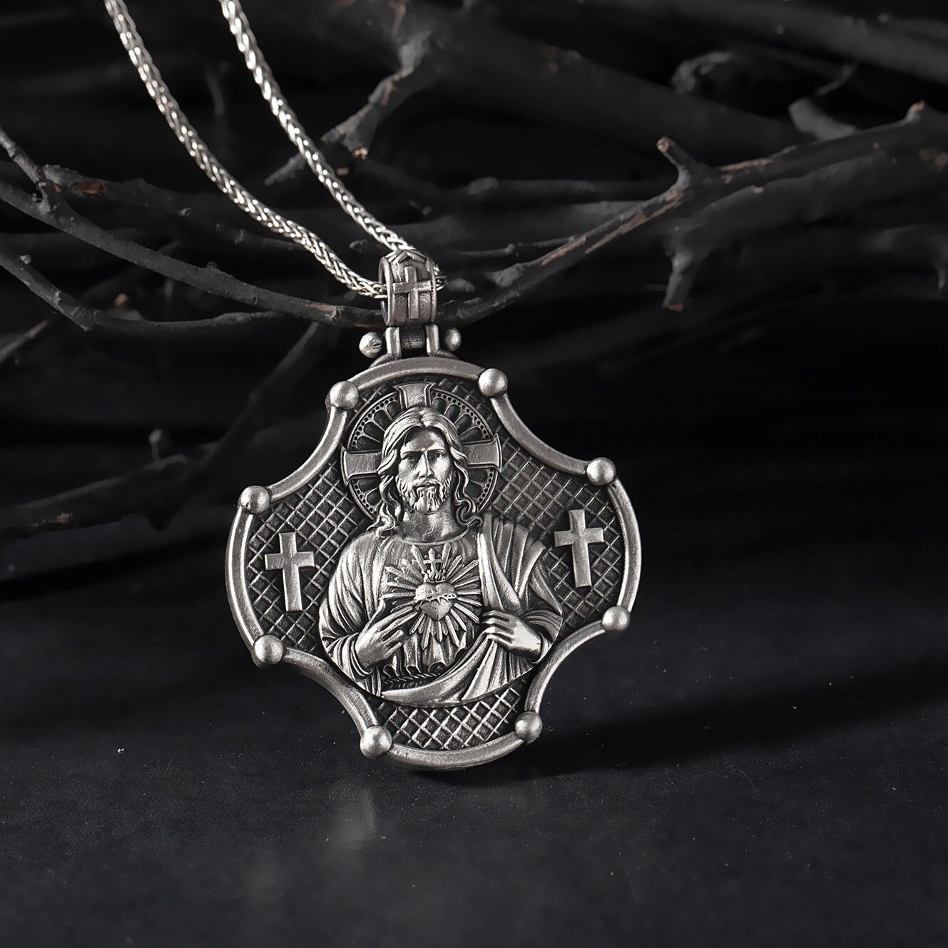 Sacred Heart Jesus Necklace, 925 Sterling Silver Cross Pendant Gift for ...