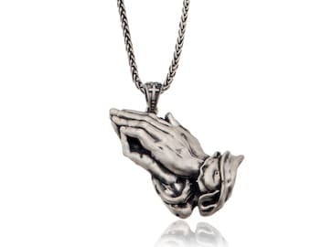 Sterling Silver Praying Hands Necklace, Religious Pendant Gift For Fathers Day