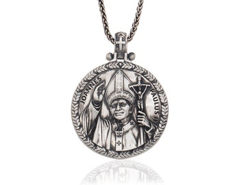 Pope Johannes Paulus Necklace, Christian Accessory, Silver Unisex Catholic Saint Necklaces, Religious Jewelry, Gift For Fathers Day