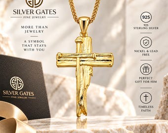 Gold Vermeil Cross Necklace for Men, 925 Sterling Silver Crucifix Pendant, Religious Jewelry, Gift For Him