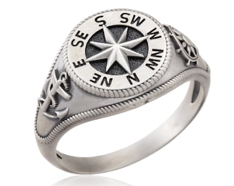 Silver Sailor Man's Compass Ring, Ship Wheel Ring, Anchor Ring, Nautical Compass Ring, Gift Rings for Sailors, Best Gifts For Father's Day