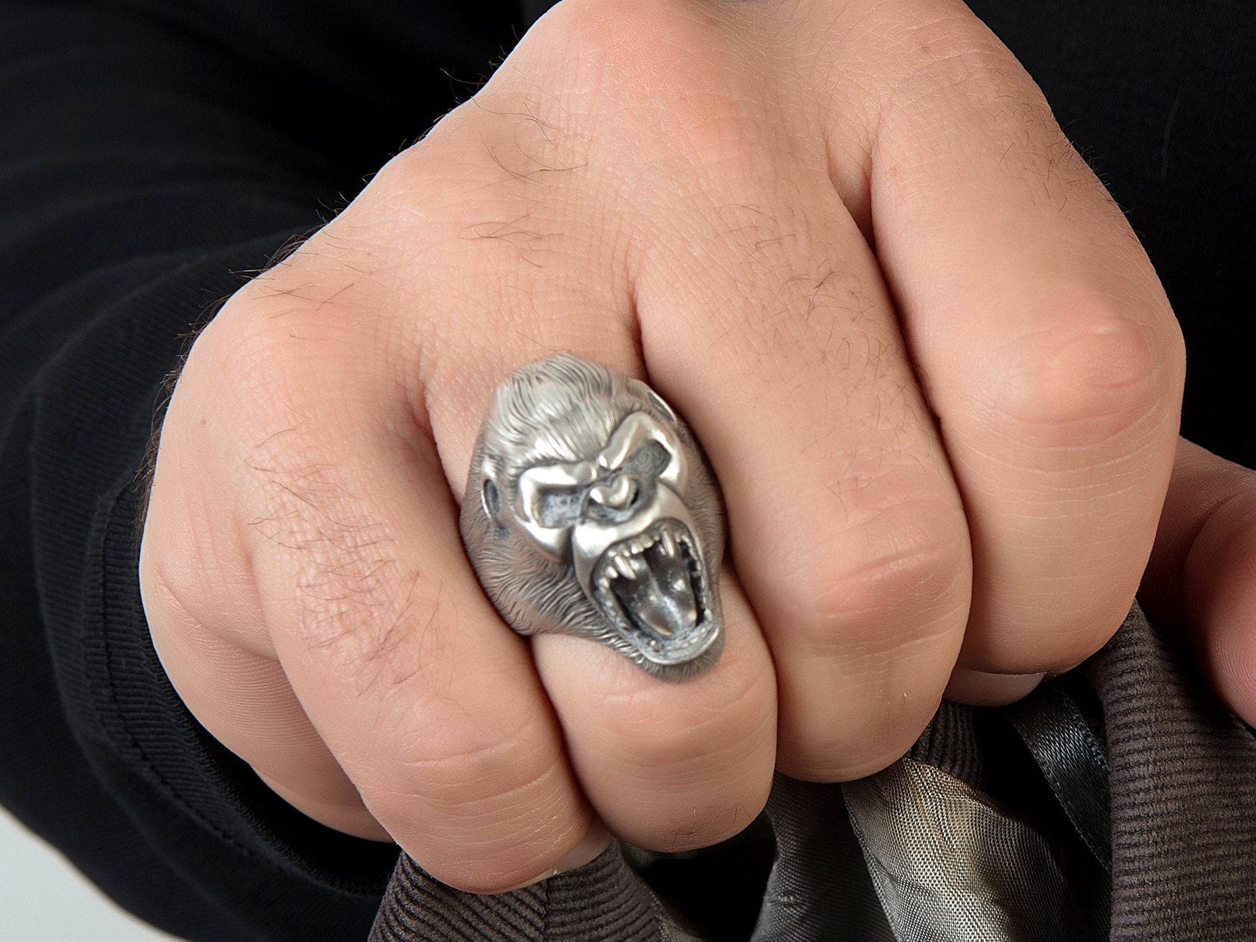 Bague Homme Argent 925 - Tête De Gorille Style Vintage, Design Animalier Jungle, Fabrication Artisanale En Turquie, Tailles 8 à 12