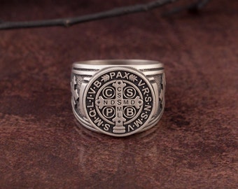 St Benedict Medal Cross Ring, Silver Signet Man Ring, Men's