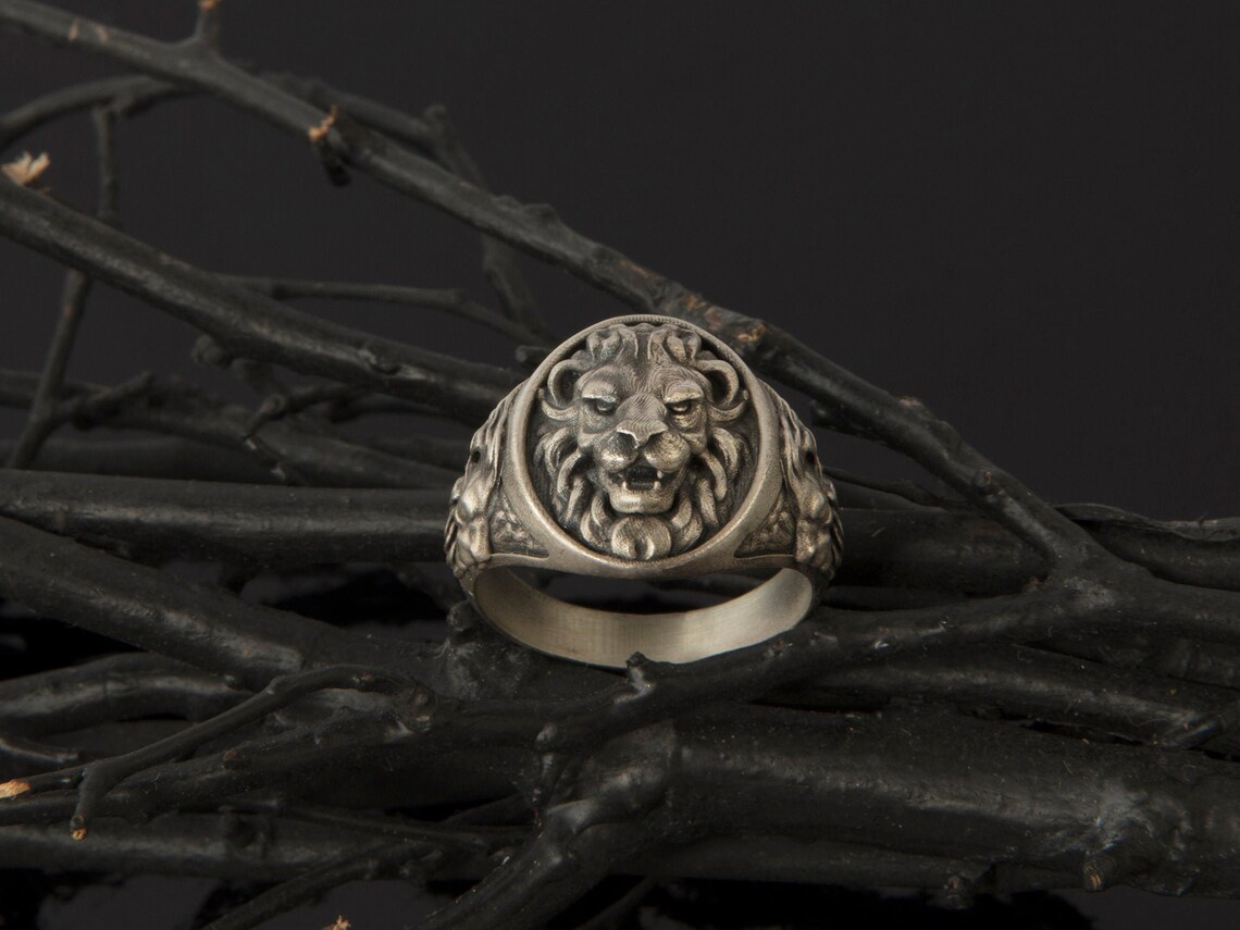 Silver Lion Ring Men's Ring Oxidized Lion Etsy