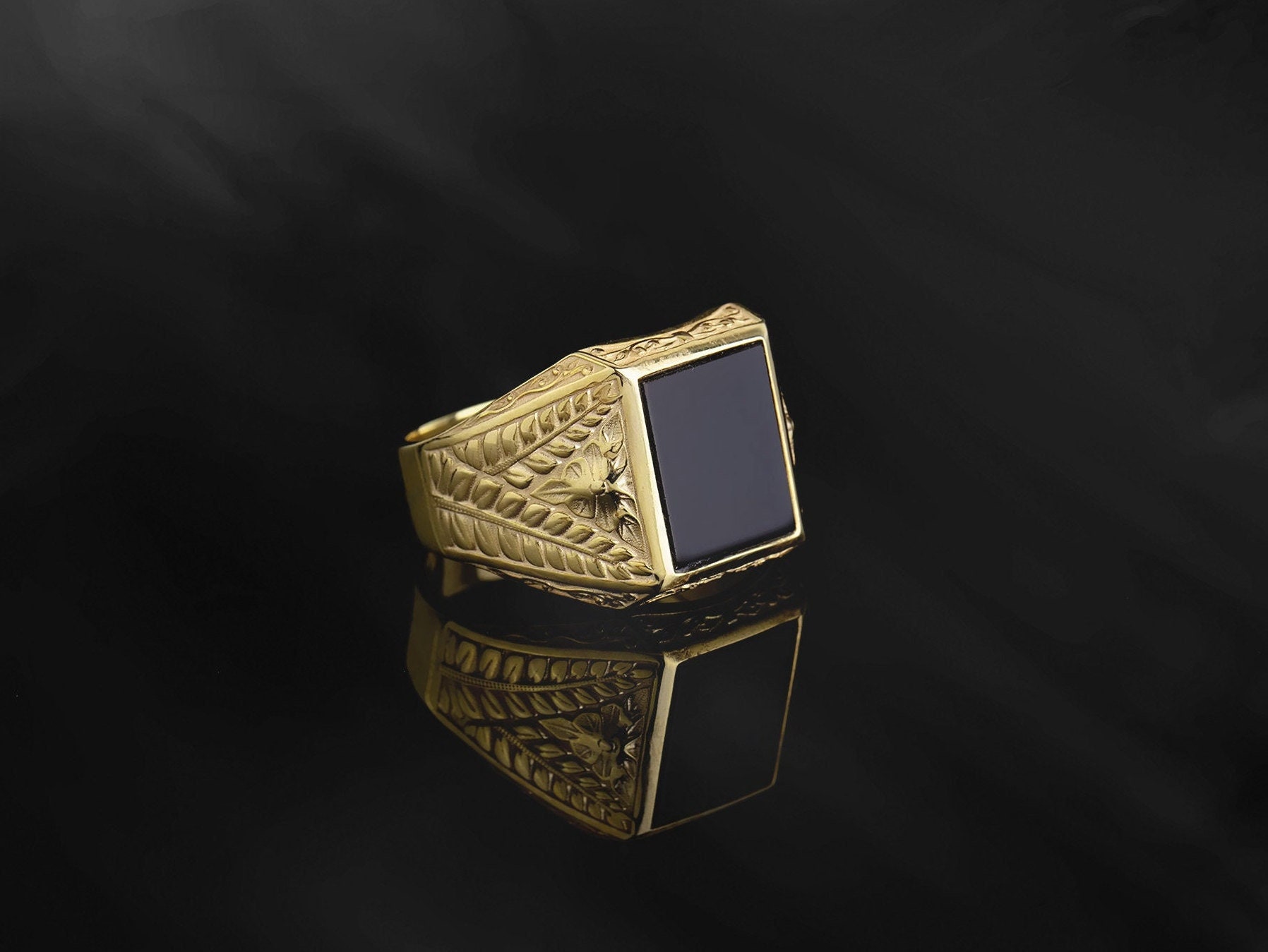 14K Gold Rectangle Statement Onyx Rings, 10K Solid Gold Signet Black Onyx Ring, Wedding Engagement Men Rings, Birthday Gift For Father's