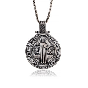 Silver Saint Benedict Necklace, St Benedict Cross Pendants, Catholic Religious Men Jewelry, Protection Pendant, Birthday Gift For Father&#39;s