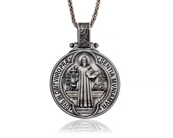 Sterling Silver Saint Benedict Pendant, Catholic Protection Necklace Gift For Fathers Day