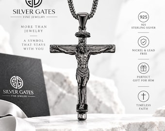Black Rhodium Cross Necklace for Men, 925 Sterling Silver Jesus Crucifix Pendant, Religious Jewelry, Gift For Him