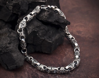 Cross Engraved Sterling Silver Chain Bracelet, Oxidized Mens Crucifix Gift For Fathers Day