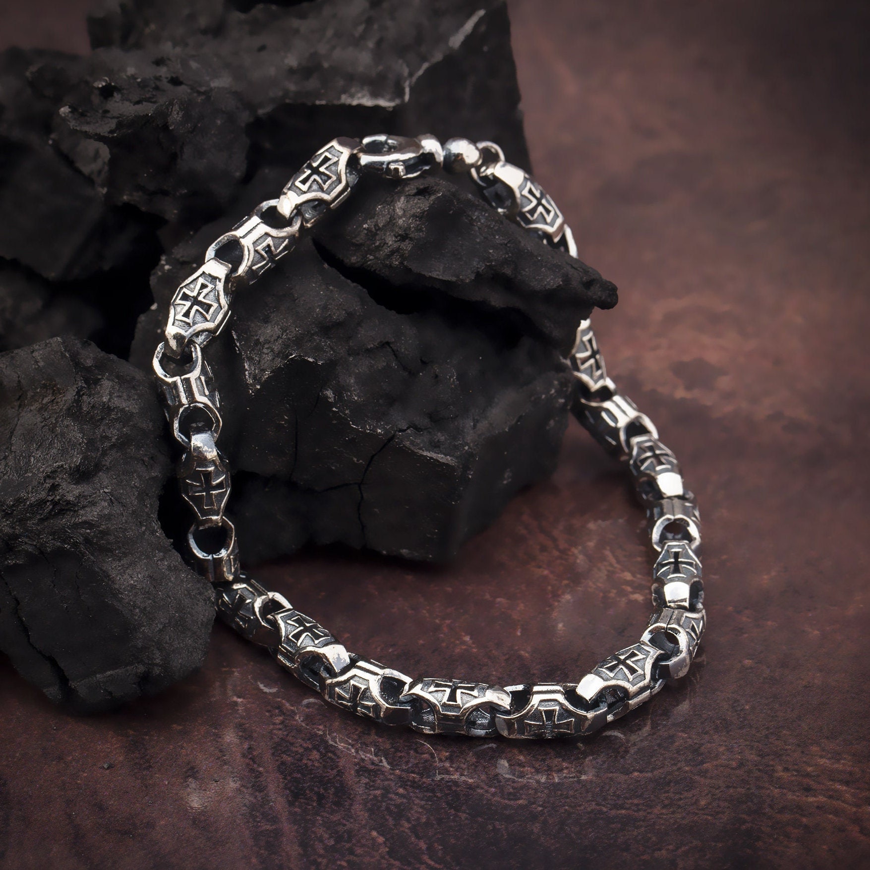 Cross Engraved Chain Bracelet, Sterling Silver Oxidized Unique Chain Man Bracelets, Crucifix Bracelet For Men, Birthday Gift For Father's