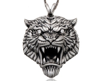 Wild Tiger Necklace, Silver Tiger Pendant, Animal Pendant, Big Cat Necklace, Gift For Men, Tiger Head Pendant, Gift For Fathers Day