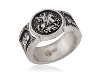 Saint George With The Dragon Ring, 925K Silver St George Ring, Religious Gifts For Men, Christian Signet Rings, Best Gifts For Father's Day