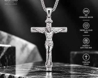 925 Sterling Silver Cross Necklace For Men, Jesus Crucifix Pendant Polish Finish, Religious Jewelry, Birthday Gift For Him