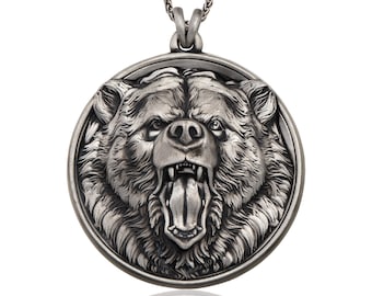 Sterling Silver Bear Pendant, Animal Pendants, Bear Medallion, Bear Head Necklaces, Jewelry For Gift For Men, Gift For Fathers Day