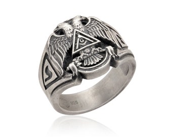 Sterling Silver Statement Masons Ring, Double Headed Masonic Eagle Ring, Freemasons Rings, Men&#39;s Signet Rings, Birthday Gift For Father&#39;s