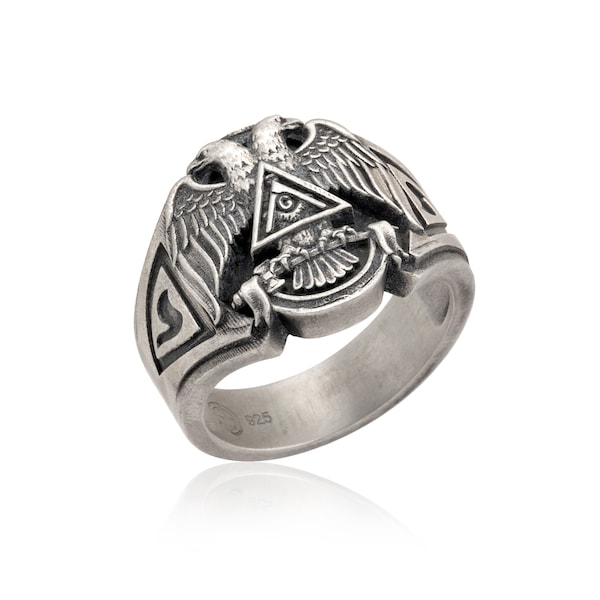 Bague maçonnique en argent sterling, bague aigle maçonnique double tête, bagues de francs-maçons, chevalières pour hommes, meilleurs cadeaux pour la fête des pères