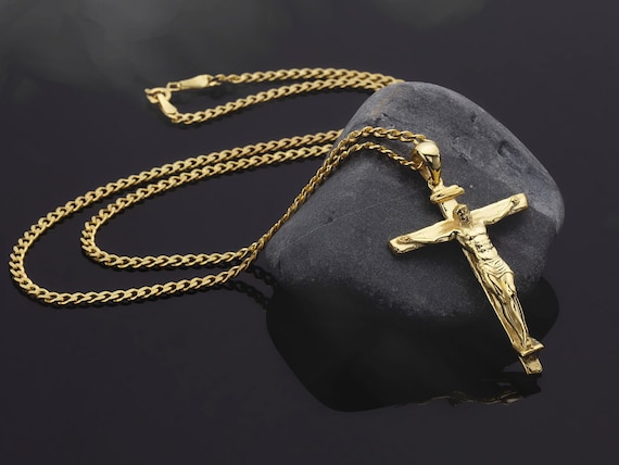 Men's Cross Tubular Catholic Crucifix Necklace in 10K Gold