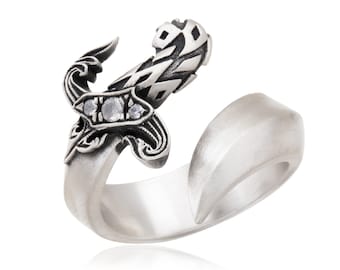 Sterling Silver Sword Ring, Cubic Zirconia, Warrior Jewelry Gift For Fathers Day