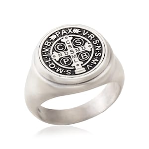 Saint Benedict Medal Cross Rings, Signet Man Rings, Men&#39;s Religious Jewelry, Sterling Silver St Benedict Ring, Birthday Gift For Father&#39;s