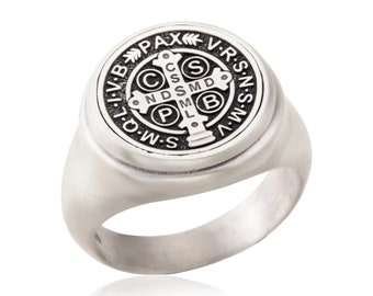 Saint Benedict Medal Cross Rings, Signet Man Rings, Men's Religious Jewelry, Sterling Silver St Benedict Ring, Gift For Fathers Day