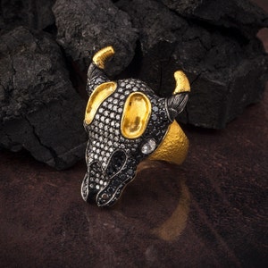 24K Solid Gold Buffalo Skull Ring, American Buffalo Rings, Men&#39;s Diamond Rings, Natural Diamond Ring For Men, Birthday Gift For Father&#39;s