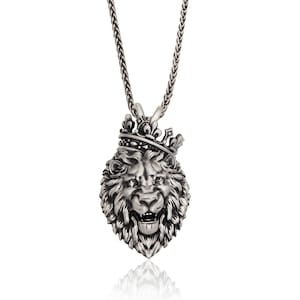 Massiver Silber König gekrönter Löwe Anhänger, Wild Lion Halskette für Mann, Geschenk für Vater, beste Geschenke für Freund, Geburtstagsgeschenk für Vater